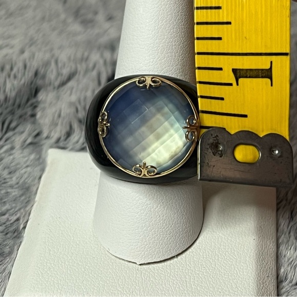 14K Yellow Gold Blue Quartz & Black Onyx Statement Ring Size 10 - Picture 9 of 10